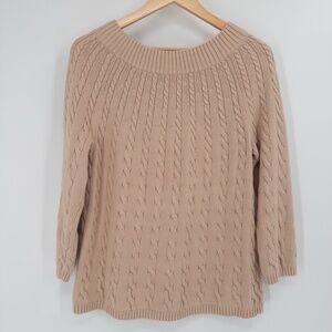 Talbots Cable Knit Sweater Size Medium Cotton Beige Tan Neutral‎ Classic Preppy